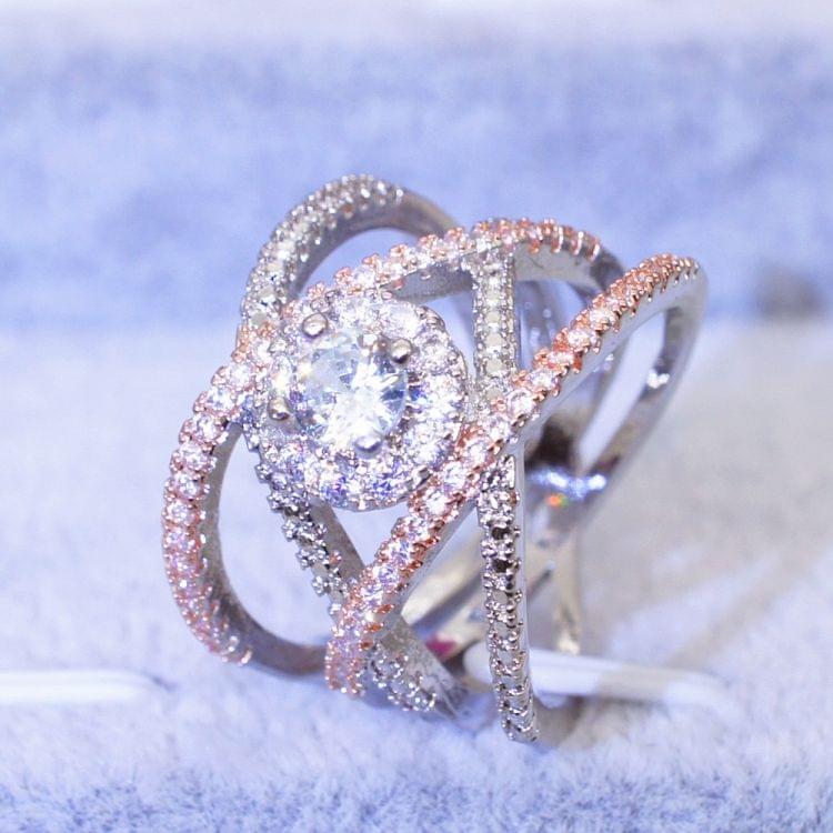 Rose Gold-plated Color Separation Ring Creative Cross Zircon Engagement Ring(6)