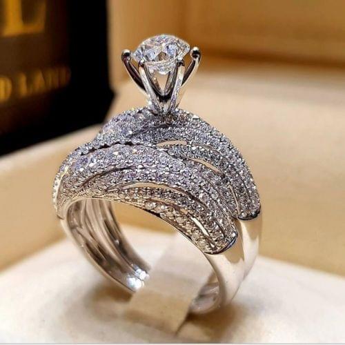 2 PCS Women Vintage 925 Silver Diamond Wedding Ring