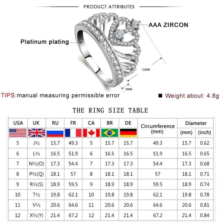 Princess Queen Crown-shaped Platinum Plated Zircon Ring, US Size: 6, Diameter: 16.5mm, Perimeter: 51.9mm(Silver)