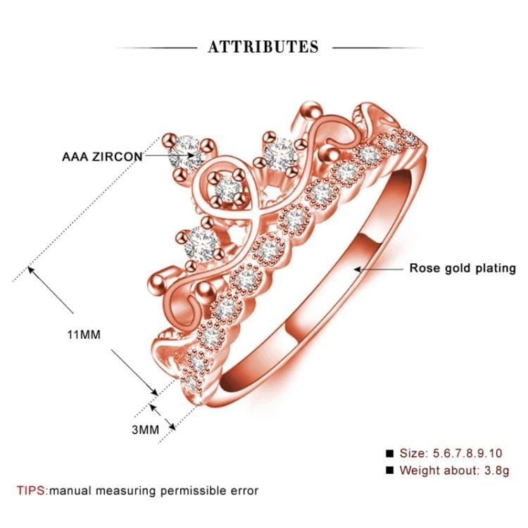 Princess Queen Crown-shaped Rose Gold Plated Zircon Ring, US Size: 6, Diameter: 16.5mm, Perimeter: 51.9mm(Rose Gold)