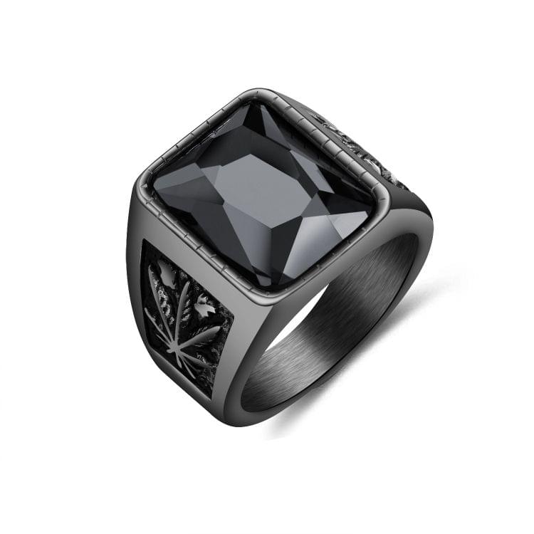 OPK Personality Tide Stainless Steel Glass Stone Maple Leaf Ring for Men(Color:Black Size:12)