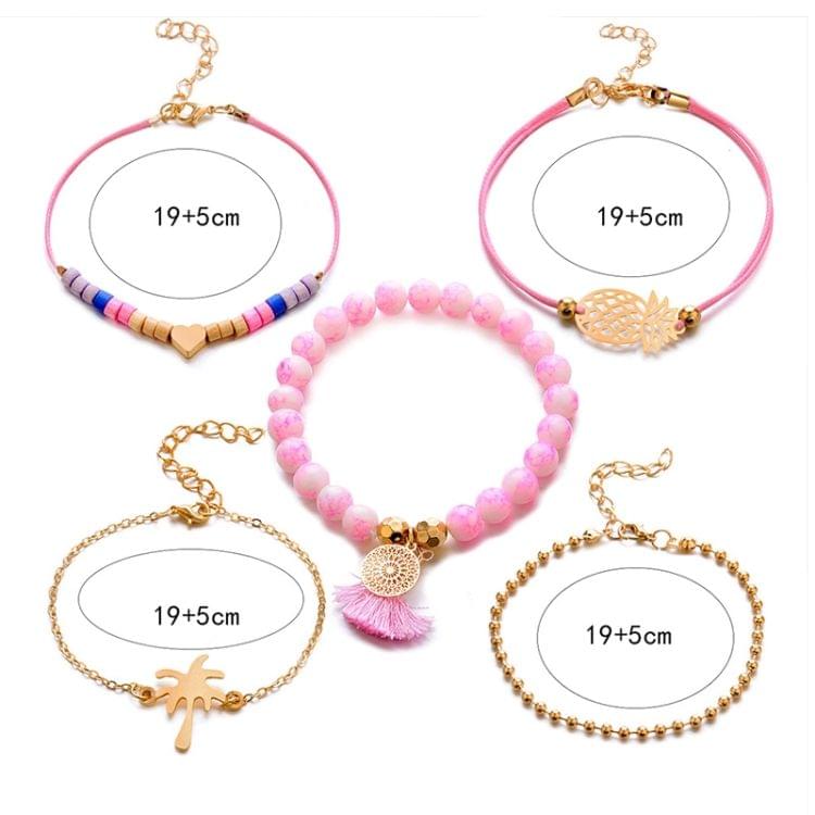 5 PCS/Set Boho Women Pineapple Tassels Dreamcatcher Heart Coconut Tree Chain Bead Bracelet