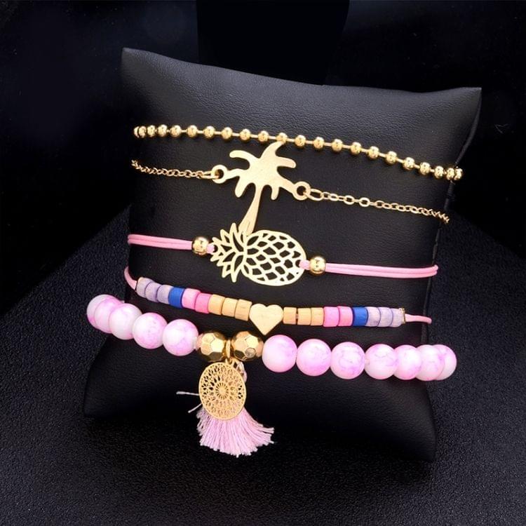 5 PCS/Set Boho Women Pineapple Tassels Dreamcatcher Heart Coconut Tree Chain Bead Bracelet