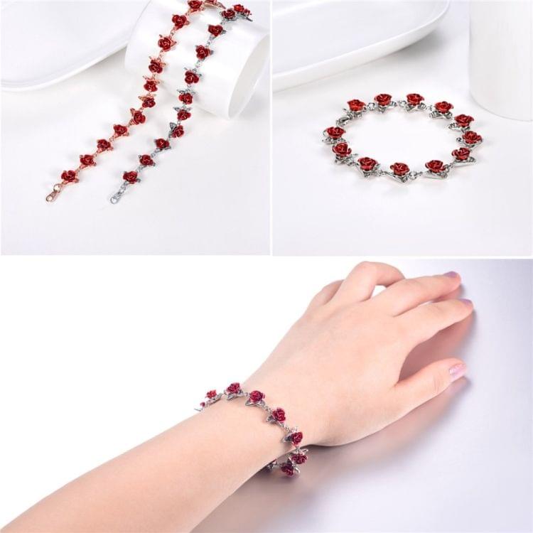 Bracelet Red Rose Flowers Wrist Chain Bracelets For Women(Silver)