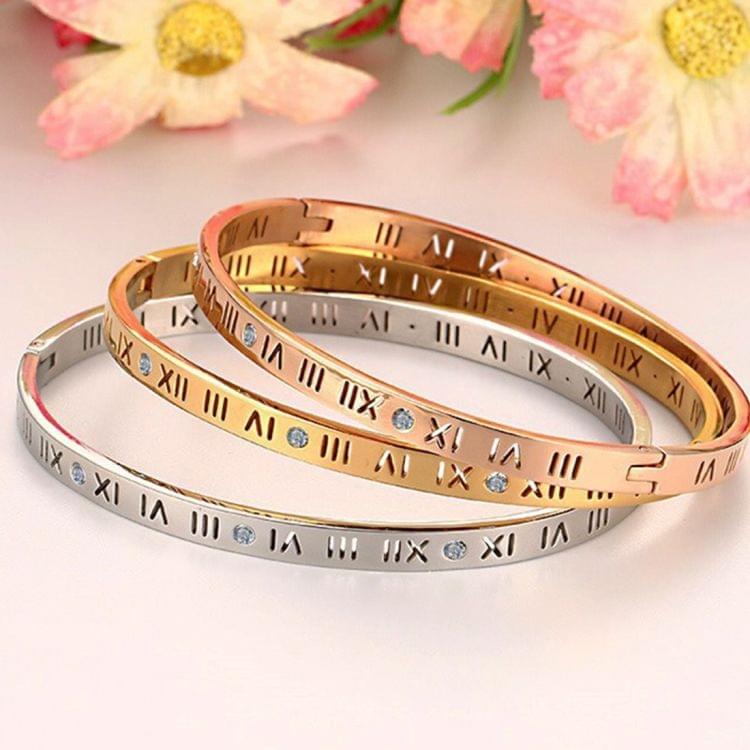 Unisex Roman Numerals Carving Crystal Inlaid Titanium Steel Bracelet, Size: 6.2*5.8*1cm(Rose Gold)