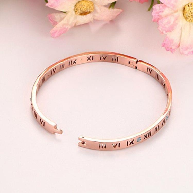 Unisex Roman Numerals Carving Crystal Inlaid Titanium Steel Bracelet, Size: 6.2*5.8*1cm(Rose Gold)