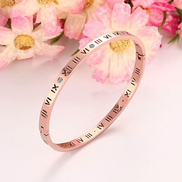 Unisex Roman Numerals Carving Crystal Inlaid Titanium Steel Bracelet, Size: 6.2*5.8*1cm(Rose Gold)