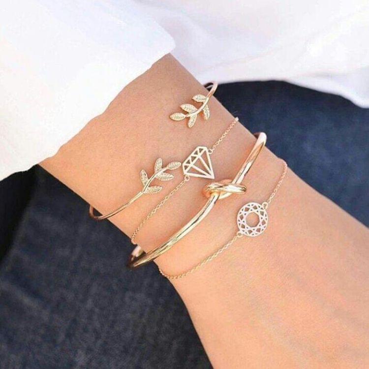 4 PCS /Set Women Fashion Bohemia Leaf Knot Hand Cuff Link Chain Charm Bracelet Bangle gold