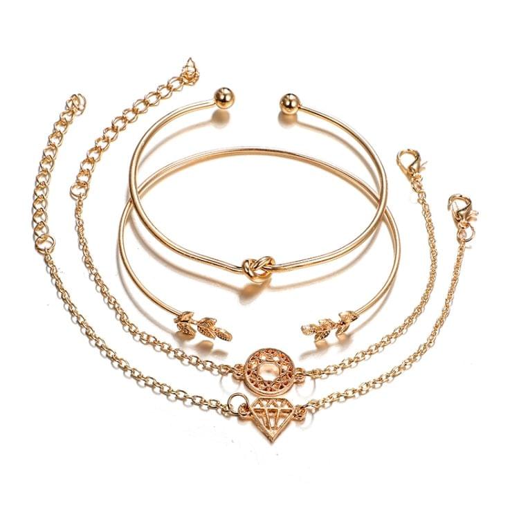 4 PCS /Set Women Fashion Bohemia Leaf Knot Hand Cuff Link Chain Charm Bracelet Bangle gold