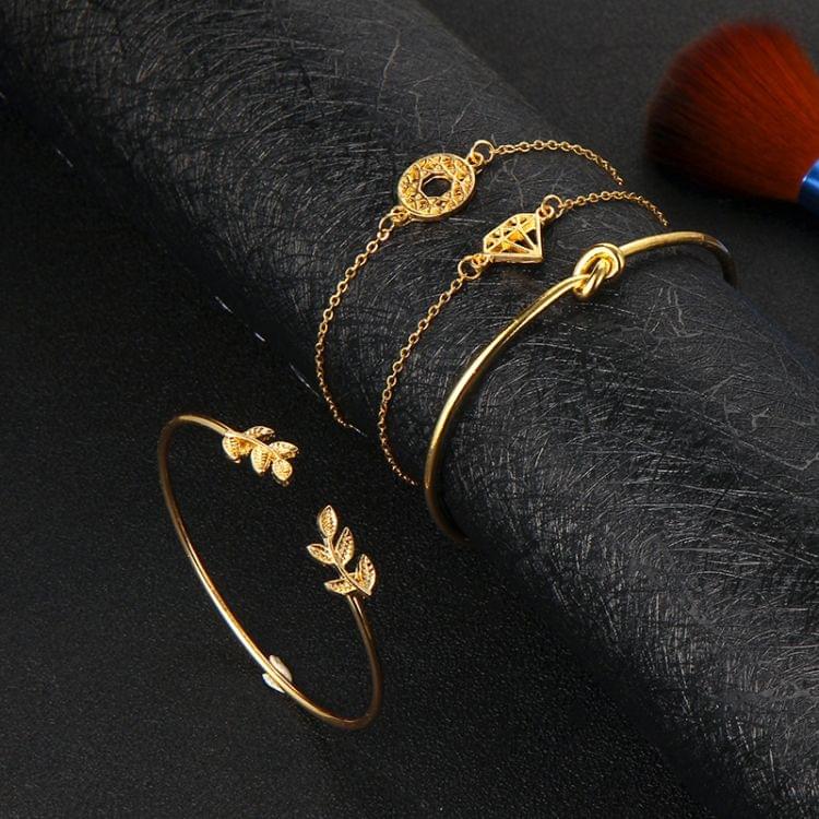 4 PCS /Set Women Fashion Bohemia Leaf Knot Hand Cuff Link Chain Charm Bracelet Bangle gold