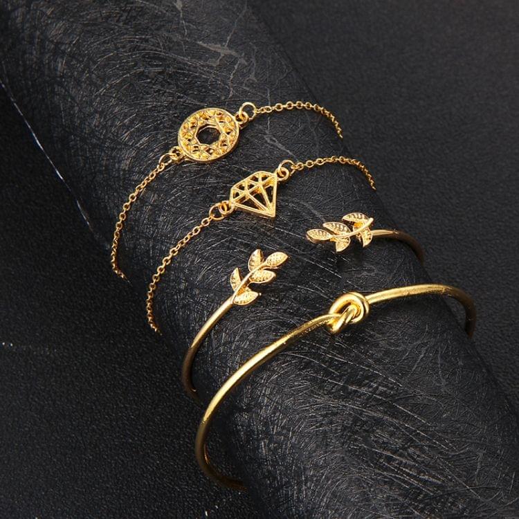 4 PCS /Set Women Fashion Bohemia Leaf Knot Hand Cuff Link Chain Charm Bracelet Bangle gold