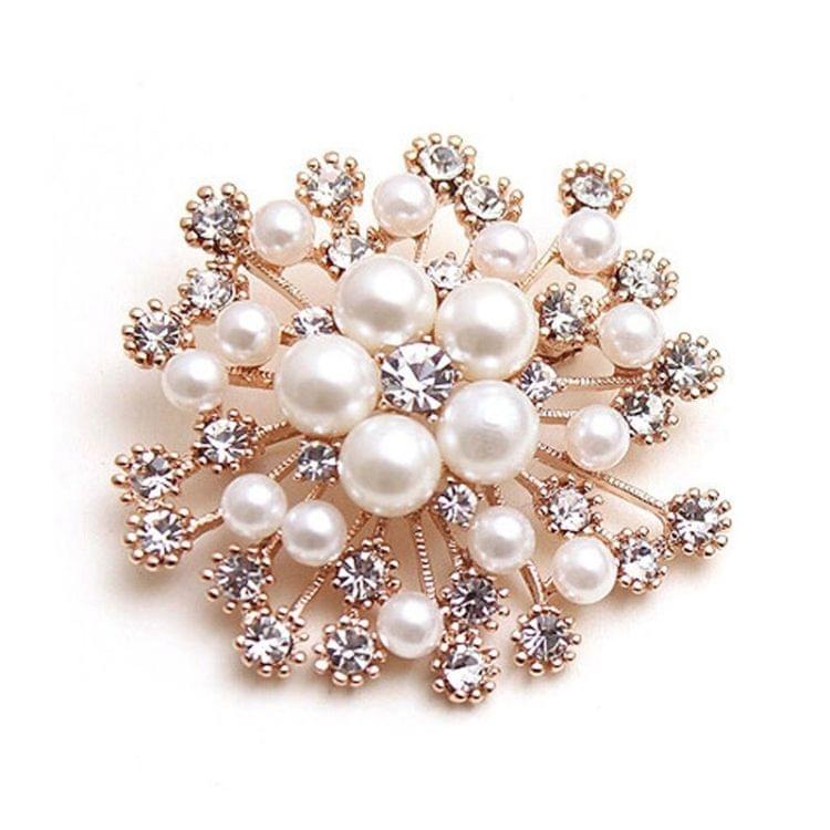 Women Large Snowflake Imitation Pearls Rhinestones Crystal Brooch Pin Jewelry(White)