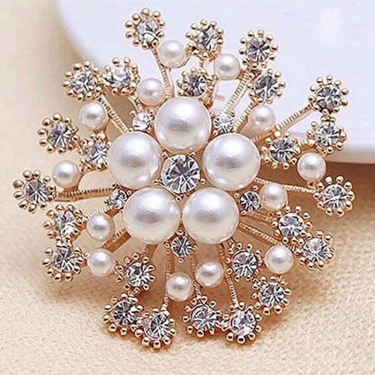 Women Large Snowflake Imitation Pearls Rhinestones Crystal Brooch Pin Jewelry(White)