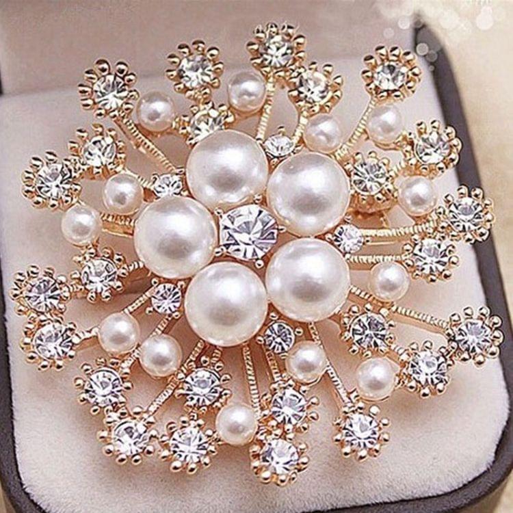 Women Large Snowflake Imitation Pearls Rhinestones Crystal Brooch Pin Jewelry(White)