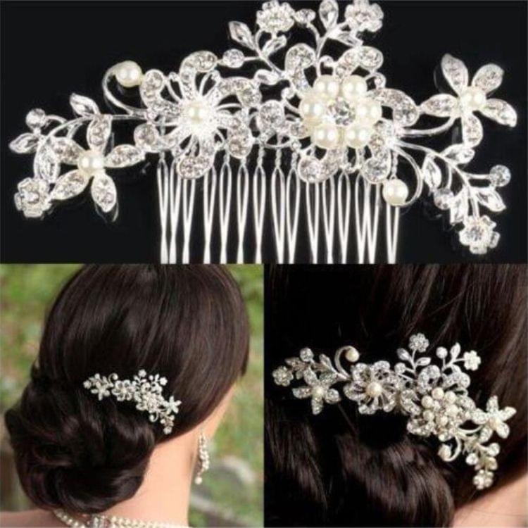 3 PCS Wedding Hair Clips Romantic Crystal Pearl Flower Hairpin Rhinestone Tiara Bridal Crown Hair Pins Bride Hair Comb(White)