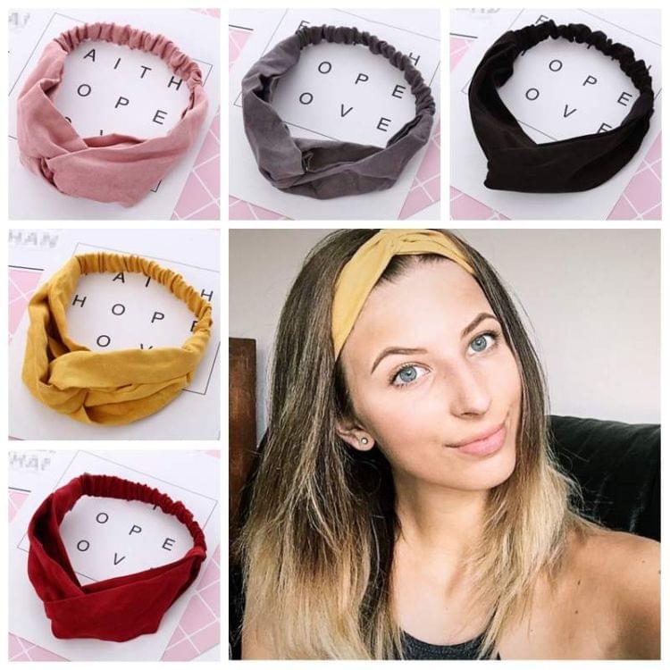 2 PCS Women Suede Headband Vintage Cross Knot Elastic Hairband Soft Solid Hair Accessories(Yellow)