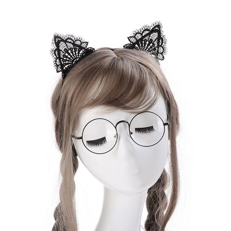 Women Lace Lovely Cat Ear Hairband Head Chain(Black)