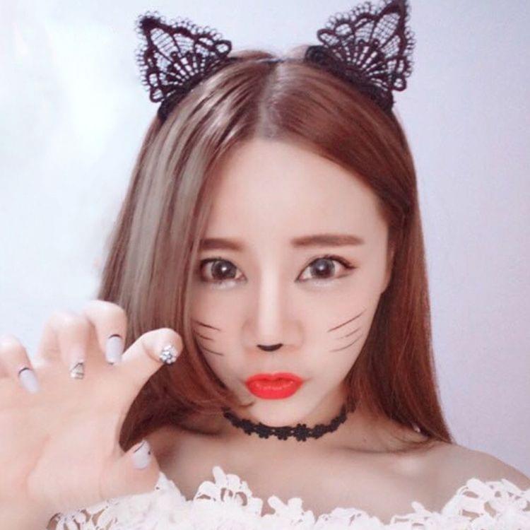 Women Lace Lovely Cat Ear Hairband Head Chain(Black)
