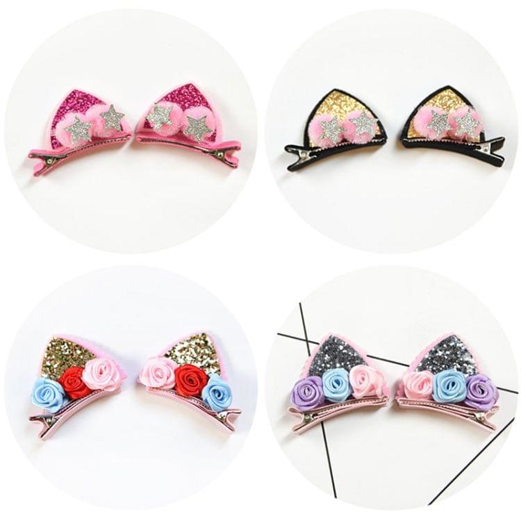 2 PCS/Set Cute Hair Clips Girls Glitter Rainbow Felt Fabric Hairpins Cat Ears Bunny Barrettes(Cat ears with flower-sliver)