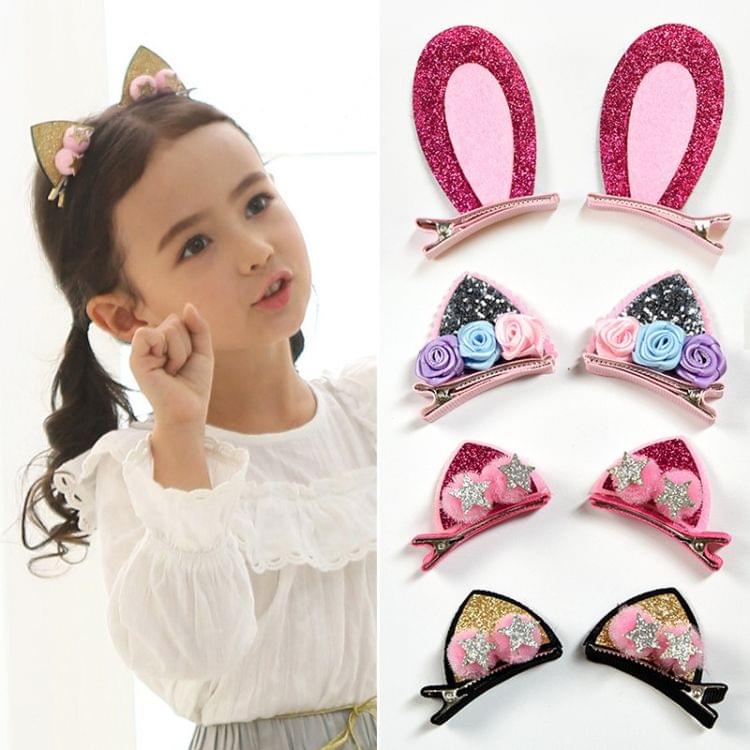2 PCS/Set Cute Hair Clips Girls Glitter Rainbow Felt Fabric Hairpins Cat Ears Bunny Barrettes(Cat ears with flower-sliver)