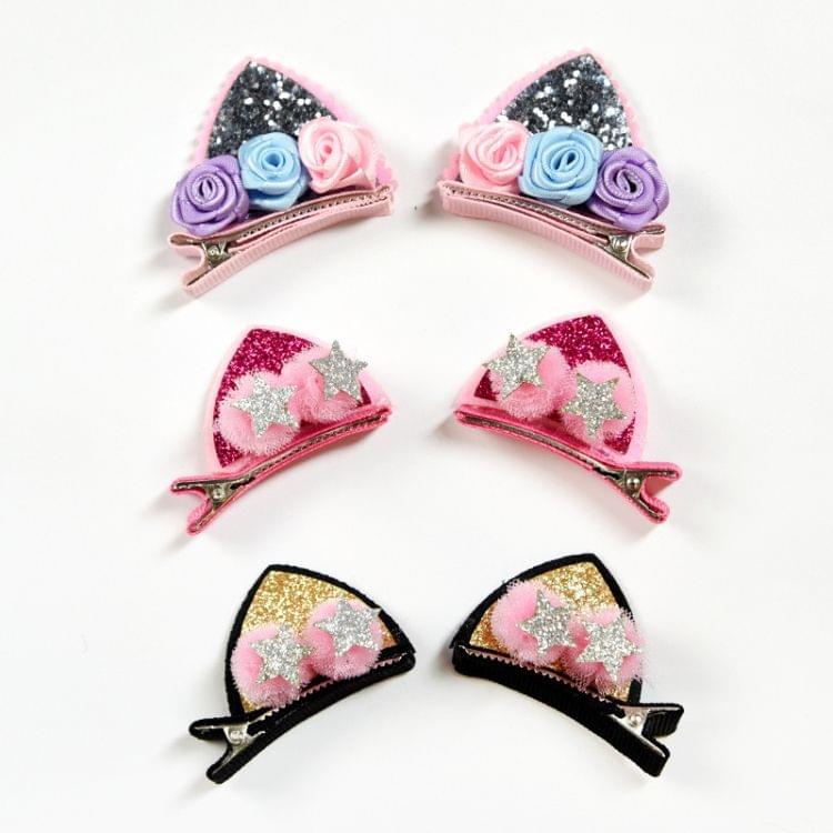 2 PCS/Set Cute Hair Clips Girls Glitter Rainbow Felt Fabric Hairpins Cat Ears Bunny Barrettes(Cat ears with flower-sliver)