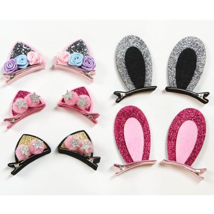 2 PCS/Set Cute Hair Clips Girls Glitter Rainbow Felt Fabric Hairpins Cat Ears Bunny Barrettes(Cat ears with flower-sliver)