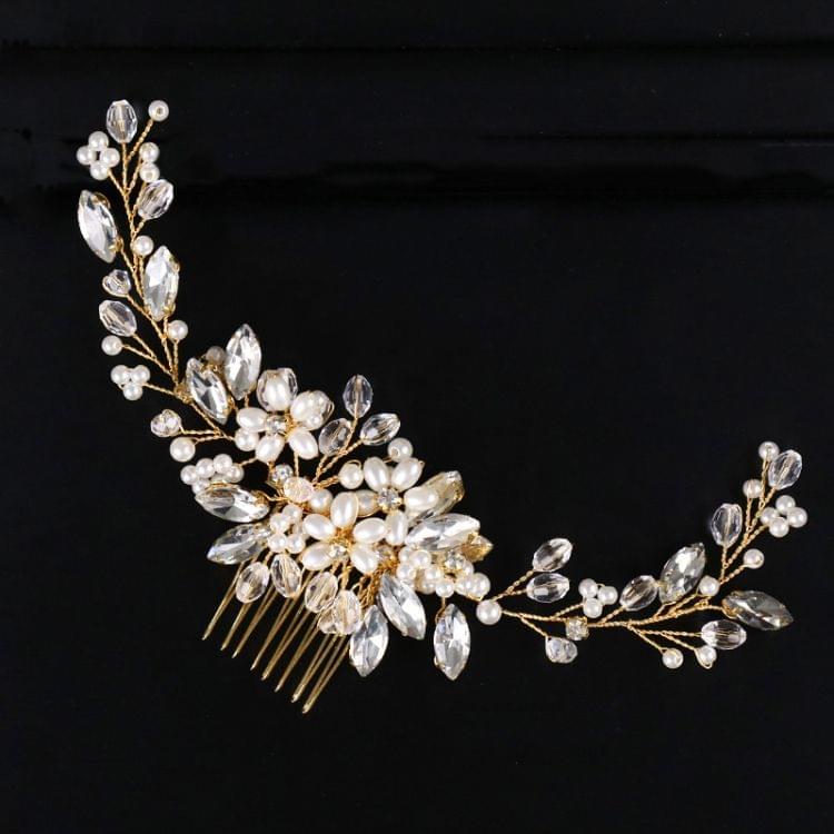 Golden Pearl Headband Tiaras Crystal Rhinestone Bridal Hair Combs Headpiece