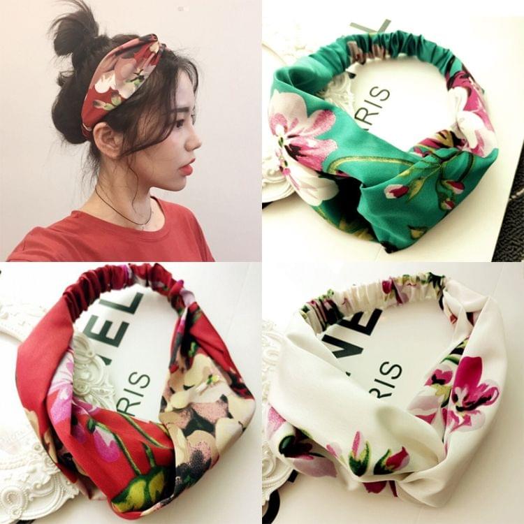 Floral Fabric Headdress Cross Elastic Headband Hair Accessory(Green)