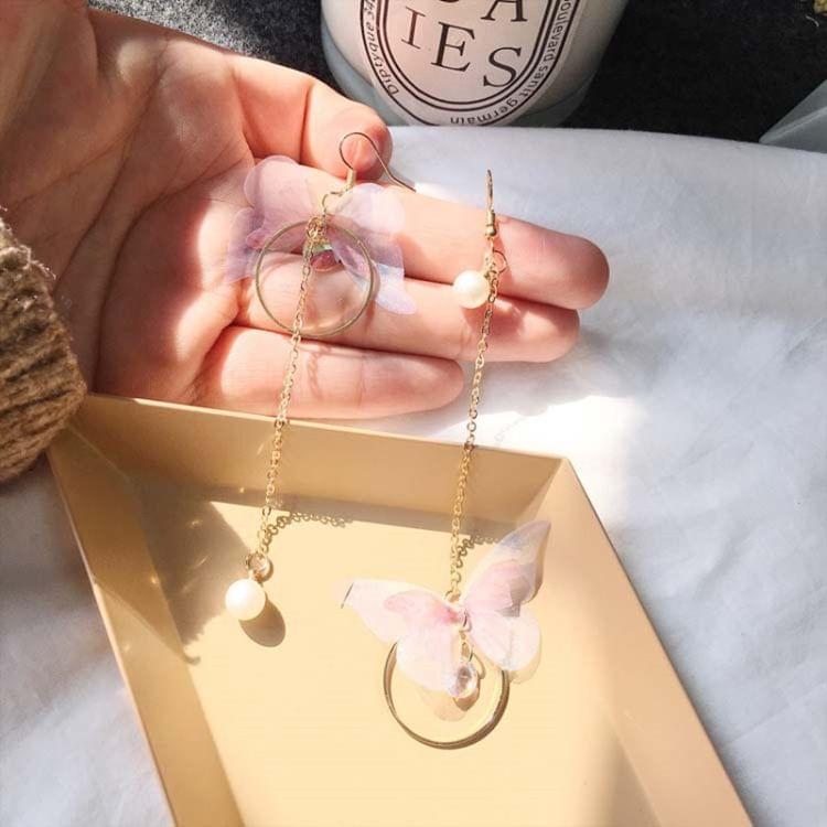 Vintage Asymmetric Butterfly Imitation Pearl Round Long Earrings