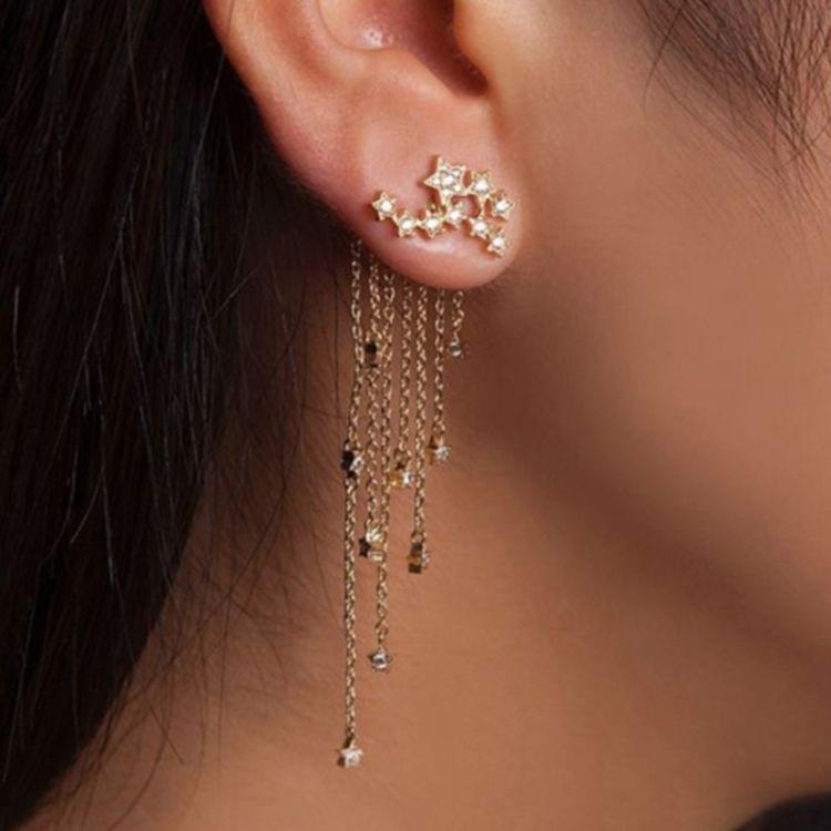 Fashion Star Women Crystal Long Tassel Bridal Wedding Drop Earrings(gold)