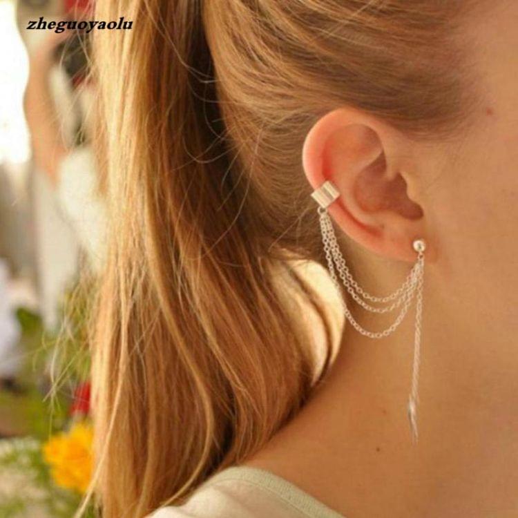 Women Leaf Chain Tassel Earrings, Metallic Gold And Silver Jewelry Earrings Ear Clip(Gold)