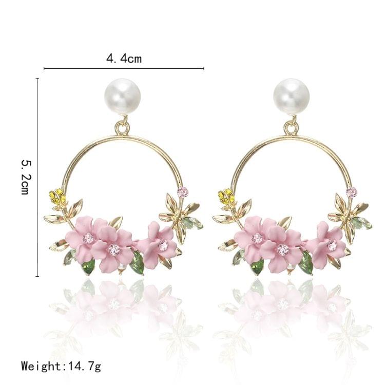 Women Round Circle Sweet Flower Pearl Stud Earrings(Pink)