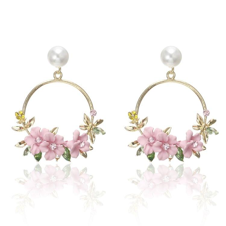 Women Round Circle Sweet Flower Pearl Stud Earrings(Pink)