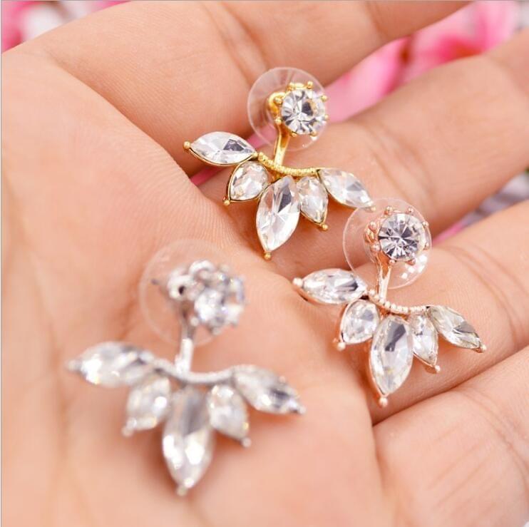 2 PCS Sweet Zircon Crystal Leaf Stud Earrings For Women Clip Earrings, Main Stone Color:Silver