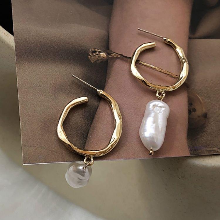 Freshwater Pearl Hoop Earrings Sterling Silver Pin Geometric Circle Earrings Women Jewelry(Gold)