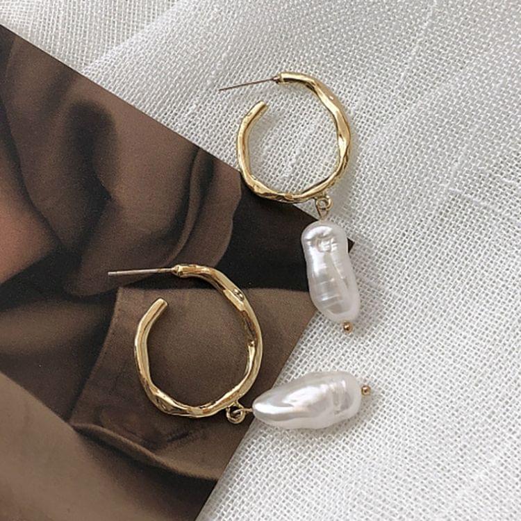 Freshwater Pearl Hoop Earrings Sterling Silver Pin Geometric Circle Earrings Women Jewelry(Gold)