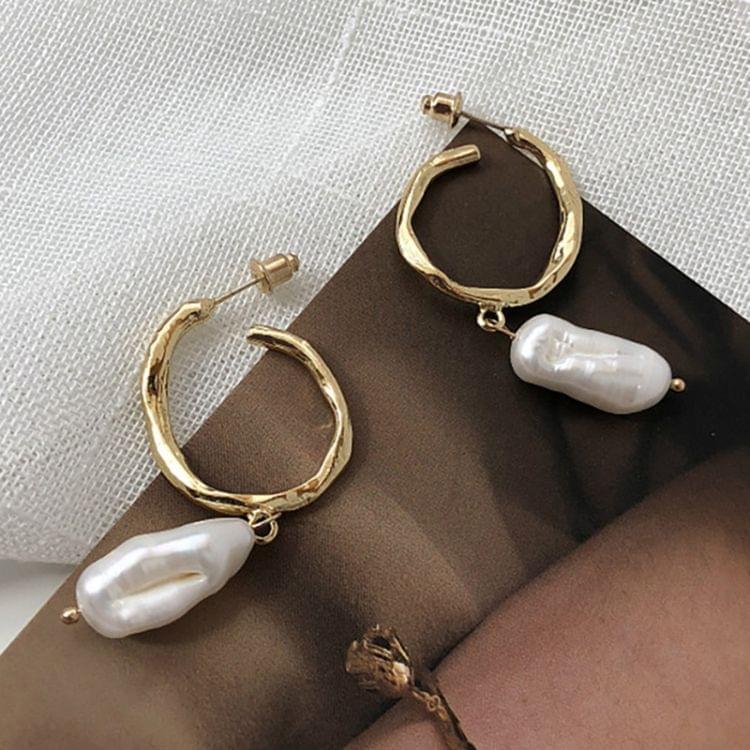 Freshwater Pearl Hoop Earrings Sterling Silver Pin Geometric Circle Earrings Women Jewelry(Gold)