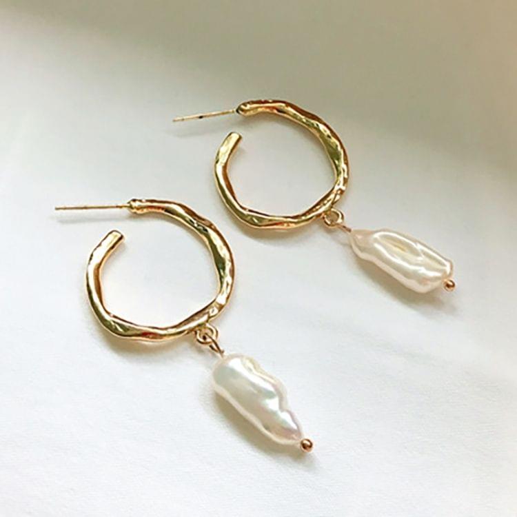 Freshwater Pearl Hoop Earrings Sterling Silver Pin Geometric Circle Earrings Women Jewelry(Gold)