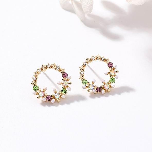 Rhinestone Wreath Stud Earrings For Women Sweet Flower Shell Small Cirlce Jewelry(pink flora half circle)