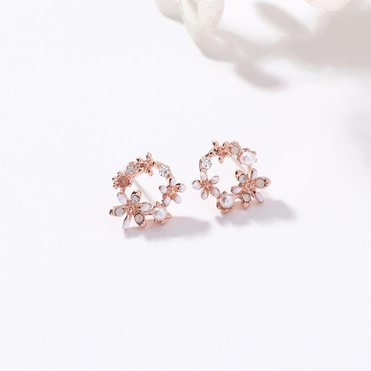 Rhinestone Wreath Stud Earrings For Women Sweet Flower Shell Small Cirlce Jewelry(pink flora half circle)