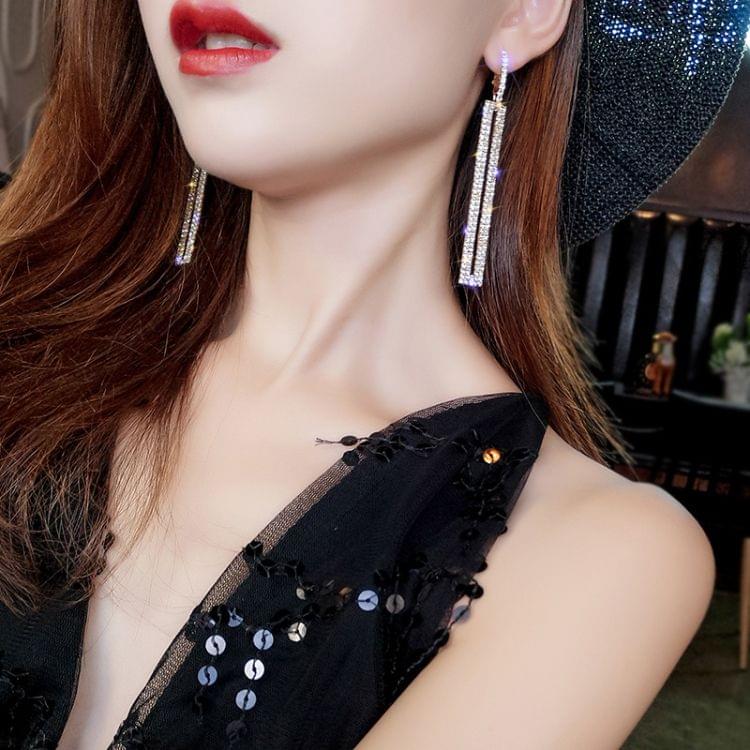 Fashion Long Geometric Drop Earrings Luxury Gold Silver Color Rectangle Rhinestone Earring(Silver)