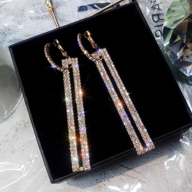 Fashion Long Geometric Drop Earrings Luxury Gold Silver Color Rectangle Rhinestone Earring(Silver)