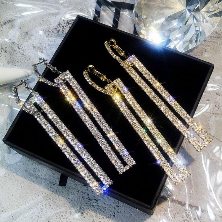 Fashion Long Geometric Drop Earrings Luxury Gold Silver Color Rectangle Rhinestone Earring(Silver)