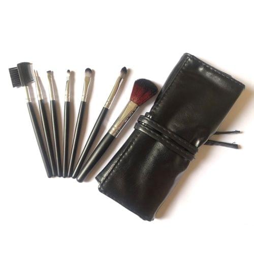 7 PCS Nylon Hair Wooden Handle Brush Cosmetic Set with Leather Bag (Black)