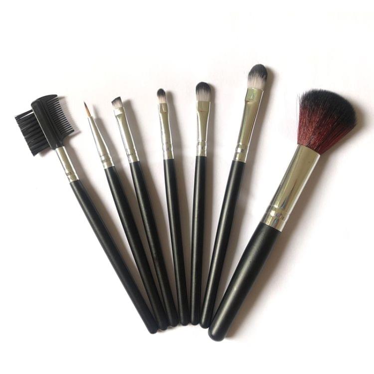 7 PCS Nylon Hair Wooden Handle Brush Cosmetic Set with Leather Bag (Black)