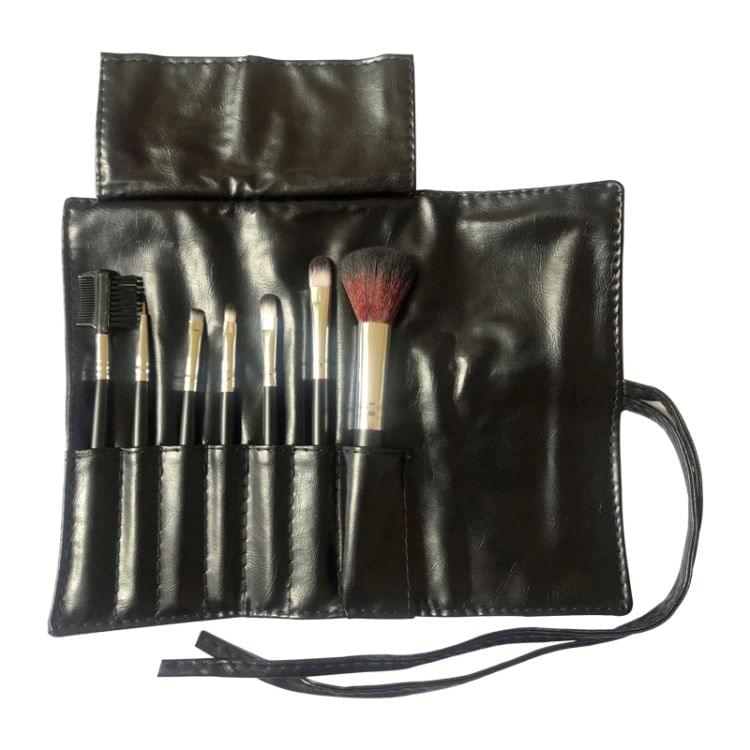 7 PCS Nylon Hair Wooden Handle Brush Cosmetic Set with Leather Bag (Black)