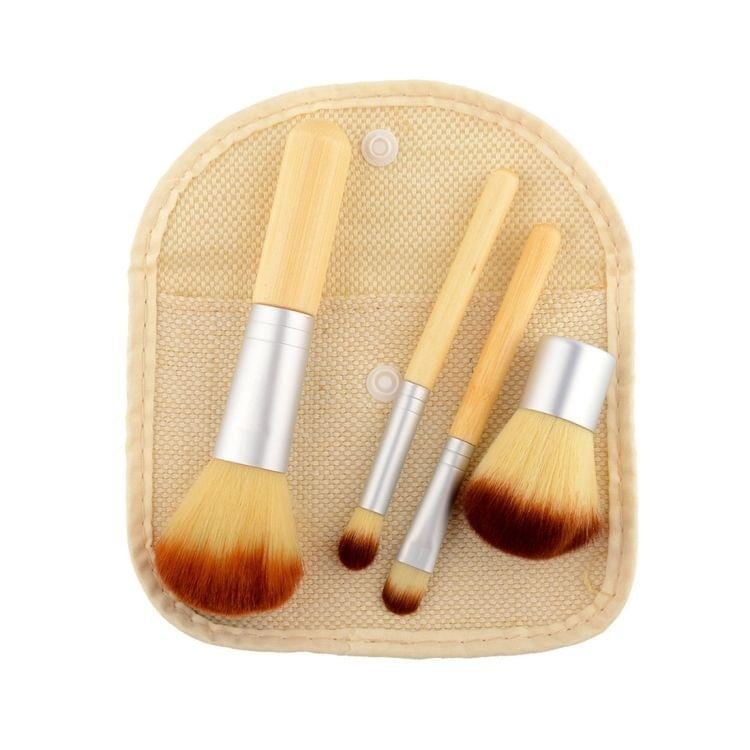 4 PCS Professional Makeup Brush Set Beauty Kit Cosmetic with Bamboo Handle + Storage Pouch