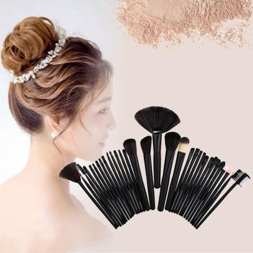 32 in 1 Wood Handle Makeup Brush Cosmetic Foundation Cream Powder Blush Makeup Tool Set(Black)
