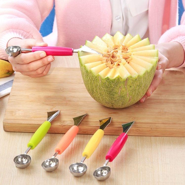 2 in 1 Dual-head Fruit Ball Carving Knife Fruit Waterlemon Scoop Melon Digger Fruit Ice Cream Platter Spoon(Green)