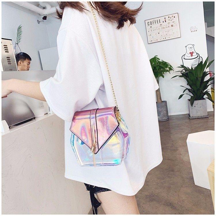 Hexagon Shape Laser Color PVC Single Shoulder Bag Ladies Handbag Messenger Bag (Pink)
